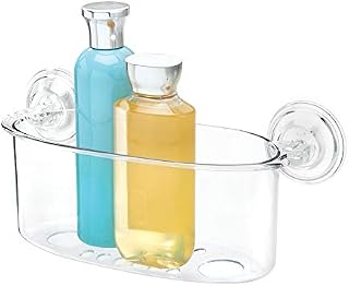 iDesign Shower Basket with Suction Cups, Small Plastic Shower Organiser for Soap, Sponges and Other Bathroom Accessories, Compact Soap Dish for Shower Cubicle, Clear