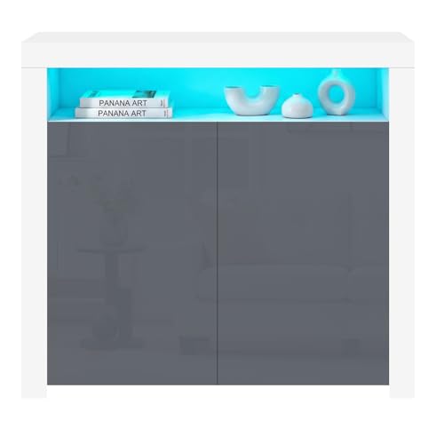 Panana 2 Door Modern LED Sideboard Matt Body and High Gloss Fronts, Cabinet Cupboard Unit with Multicolor LED Light, 107 cm *35 cm *97 cm (Grey)