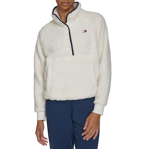 Tommy Hilfiger Women's Performance Faux sherpa pullover with stand collar and snap placket,ivory,S2