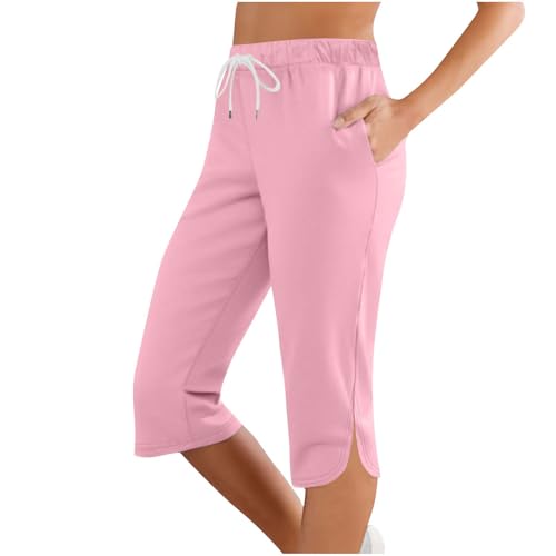 Image of Ladies Trousers, Ladies Cropped Trousers - Capri Pants for Women Comfy Summer Three Quarter Length Trousers Stretchy Drawstring Waist Straight Leg Lounge Yoga Beach Capris Pants with Pockets Pink