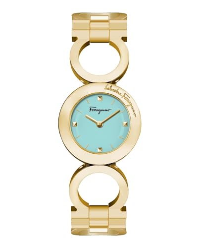 Ferragamo Gancino Collection Luxury Womens Watch Timepieces with a Gold Bracelet and Case Featuring a Blue Dial