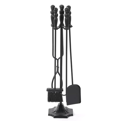 YiLifebes 5 Pcs Fireplace Tools Set, Heavy Duty Cast Iron Fire Place Poker Set with Black Handle, Complete Kit with Base, Poker, Shovel, Tongs, Brush for Indoor Hearth or Outdoor Fire Pit by YiLifebes - Used condition - US$23.04