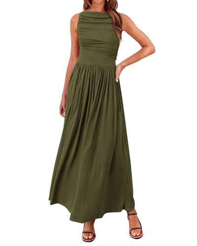 BTFBM Women Casual Dress 2025 Summer Sleeveless Ruched Maxi Dress...