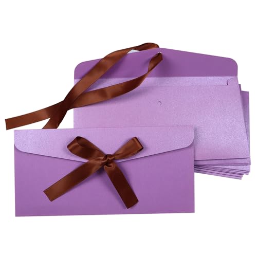BINLINHONGO リボンリボンクラフト紙封筒 10枚 厚手の真珠光沢カラー封筒 グリーティングカード用 フェスティバル用品 誕生日パーティー 結婚式の招待状 パープル