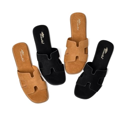 Image of NianEr Womens Microfiber Leather Memory Foam H Sandals Summer Shoes Slides | Flat, Comfortable, Slip On, Dressy, Dress, Beach, Vacation, Designer, Comfy, Casual, Bridal, Church, Boho, Office, Work