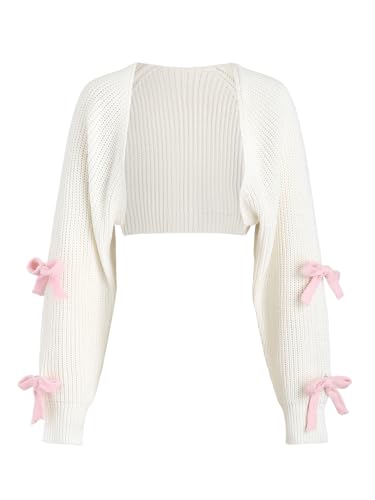 Verdusa Women's Bow Knot Open Front Long Sleeve Knitted Crop Cute Cardigan Sweater