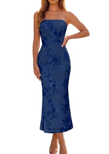 Poulax Women's Floral Cocktail Wedding Guest Dress 2026 Fall Strapless Bodycon Mesh Tube Formal Party Maxi Dresses Navy M