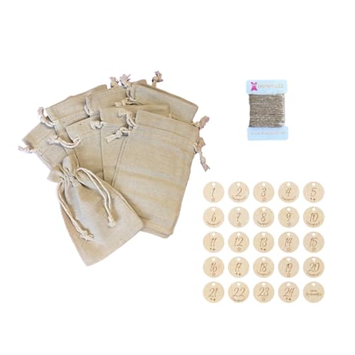 AWASG Calendrier de l'Avent sachets à remplir en coton pour enfants et adultes – 24 poches à remplir soi-même avec disques à chiffres en bois – Calendrier de l'Avent de Noël