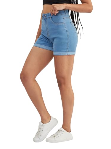 Image of Dolce Crudo Women's Relaxed Fit Mid-Rise Denim Shorts with Adjustable Waist & Frayed Hem