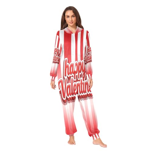 Nexawaveo Pijama enterizo de forro polar ultrasuave para adultos, diseño de pájaro dulce y corazón, con capucha, de cuerpo entero y bolsillo, San Valentín geométrico vintage, X-Small
