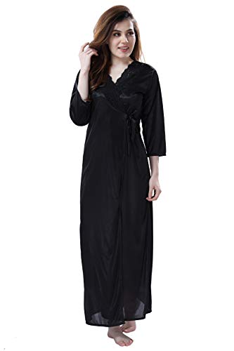 Image of Romaisa Women's Solid Maxi Satin Nighty with Robe, Free Size Nightwaer (Pack of 2) GRP-RN335-339