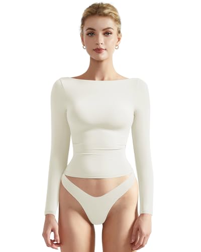 SUUKSESS Women Crew Neck Long Sleeve T Shirts Double Lined Tight Fitted Crop Top (Cream White M)