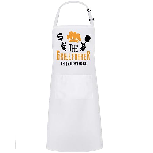 Hyzrz Funny Adjustable Aprons Baker Costume with Pocket Cook Grill BBQ Chef Apron Gifts for Fathers Mothers Day Birthday (The Grill Father, White)