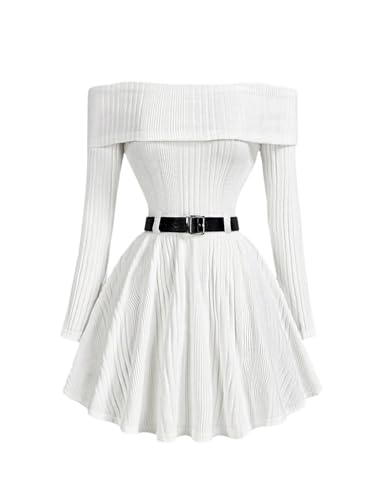 SweatyRocks Damen Strickkleid Elegant Off-Shoulder Minikleid Langarm A-Linie Kleid mit Gürtel Herbst Pulloverkleid Festival Kleid Weiß S