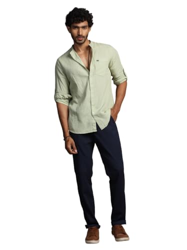 Image of Thomas Scott Men's | Solid | Full Sleeve | Slim Fit | Linen Blend | Mandarin Collar | Casual Shirt