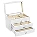 SONGMICS Jewelry Box, Wooden Jewelry Case, 3 Layer Organizer with Large Mirror, White UJOW03W