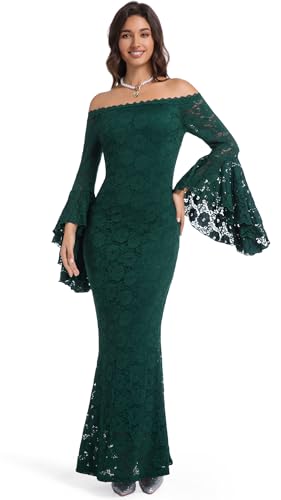 Image of HOYISHION Women's Off The Shoulder Floral Lace Maxi Dress White Bridesmaid Wedding Party Maternity Photoshoot Long Dresses