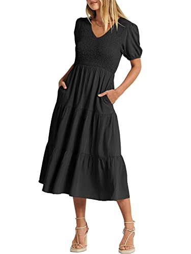 Anrabess Women's Summer Puff Short Sleeve V Neck Smocked Tiered Swing A Line Beach Midi Dress With Pockets 524Hei-S #TOP5