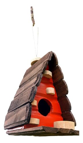 Chalé de Passarinho Feito de Madeira com Comedouro - Decoração de Jardim - Varanda - Quintal (Vermel