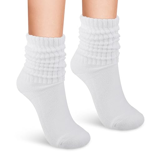 Slouchy Socks for Women, Lightweight White Scrunch Socks, Soft Mid Calf Rib Scrunch Crew Tube Sock, Size 9-11, Retro Style