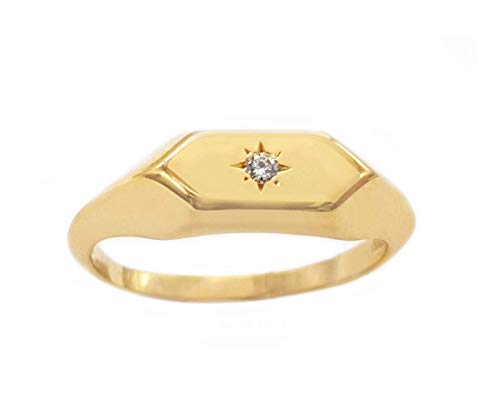 Elegant jewel box Women Diamond hexagon shaped ring in solid Gold 9k, 14k, & 18k, Small Hexagon chevalier ring with a compass diamond, signet Unique gift, RN373