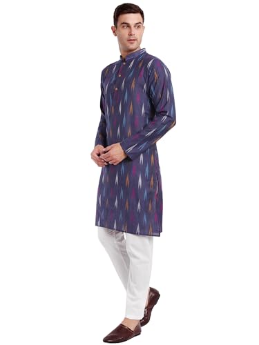 Image of SKAVIJ Men's Pure Cotton Printed Kurta Pajama Set Ikat Design Casual Ethnic Dress