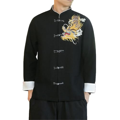 T-shirt tendance pour homme broderie dragon en coton lin manches longues