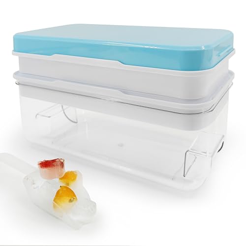 Satax Silicone & Plastic Ice Cube Trays with Lids and Bin - Durable, BPA-Free, Easy Release, Perfect for Cocktails, Coffee & More (2, blue)