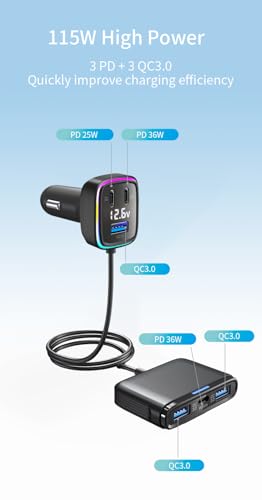 Image of 5FT Cable 115W 6-Port Multiport Car Charger, Cigarette Lighter USB Splitter | PD 36W, QC3.0 USB C A Fast Charging,Back Seat Charging, Car Travel Essentials for Road Trips