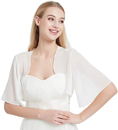 Chiffon Bolero for Evening Dresses Women's Chiffon Shrug Bolero Cardigan Wide Sleeve V66 (Ivory, XXL)