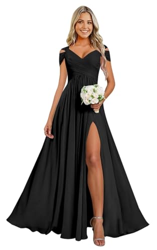 Cold Shoulder Chiffon Bridesmaid Dresses for Women Long Evening Dress Ruched Formal Gown with Slit WN004