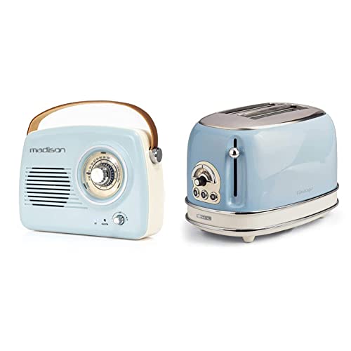 FREESOUND-VR30 - Madison - Radio Vintage Autonome avec Bluetooth & Ariete Vintage 155 Grille-Pain 2 Tranches, 810 Watts, 6 Niveaux de Grillage, en Acier Inoxydable Peint en Couleur Bleu Ciel Pastel