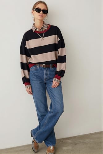 Image of UEU Women Oversized Striped Crewneck Sweatshirt Long Sleeve Color Block Pullover Tops Casual Loose Workout Shirt