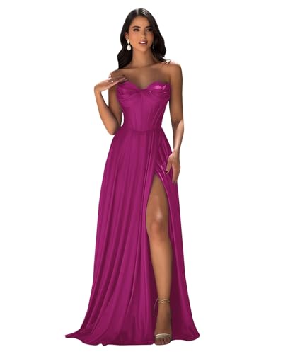 Chicbridal Satin Strapless Prom Dress 2025 A Line Long Ball Gowns with Pockets Corset Evening Dress for Women Fuchsia US10