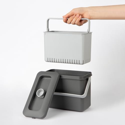 DeHUB Small Food Waste Bin for Kitchen, Home Cafe, Countertop, Under Sink with Auto Lock Lid, Vinyl Holder, Self Adhesive, Water Drainage Inner Basket, 2.5L/0.6 Gal, Grey