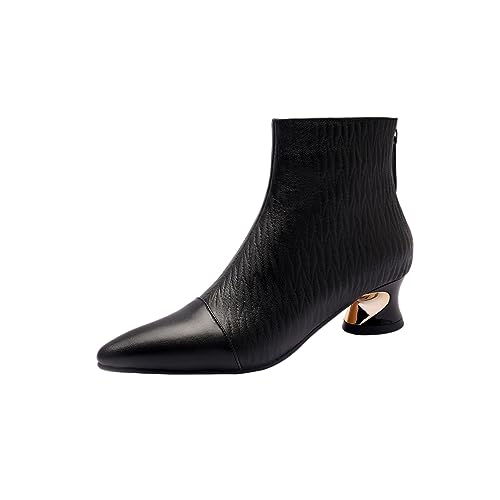 TinaCus Women's Pointed Toe Handmade Back Zipper Low Chunky Heels Genuine Leather Ankle Boots