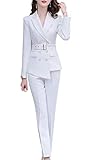 Women’s Offce Lady Two Piece Plaid Blazer Set Double Breasted with Waistband Work Blazer Jacket Pant/Skirt Suit (BF23-WhiteKZ, L)