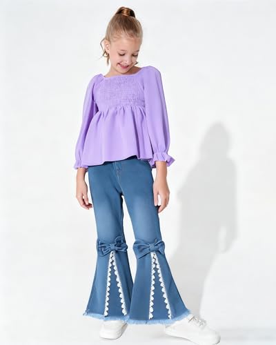 Image of XUANHAO Toddler Girls Clothes Puff Sleeve Smocked Shirt Flare Jeans Pant Outfits for Girl Bell Bottom Kids Girls Clothing Set