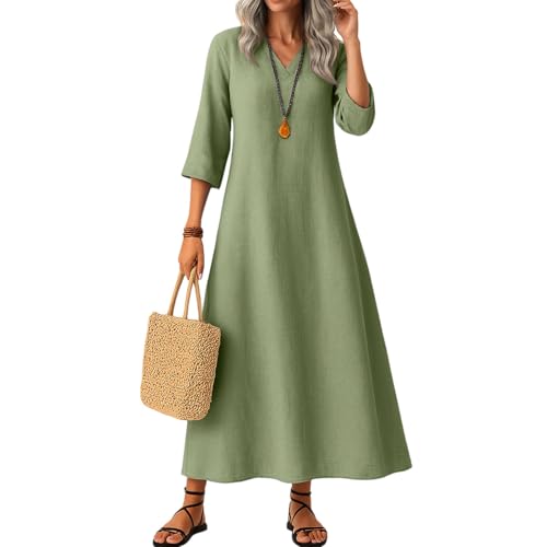 DHYUEN Baumwollkleid Sommerkleid Baumwolle Damen Elegant Freizeitkleid Alltagskleid Einfarbige Boho Kleider Sommer Lang Musselinkleid Hängerchen...