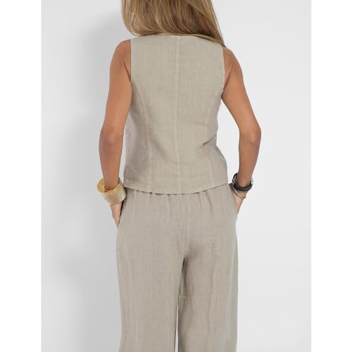 Women Linen Cotton Vest Pants Set Cotton Sleeveless Vest Tank Crop Top Wide Leg Pantsuit2