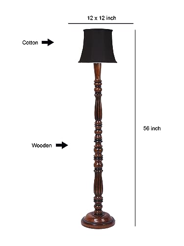 Image of Cylindrical Drum Floor Lamp with Wooden Base - Height 57 Inches, Black | Modern Standing Lamp for Home, Living Room, Bedroom & Office | Elegant Lighting Decor | Cotton