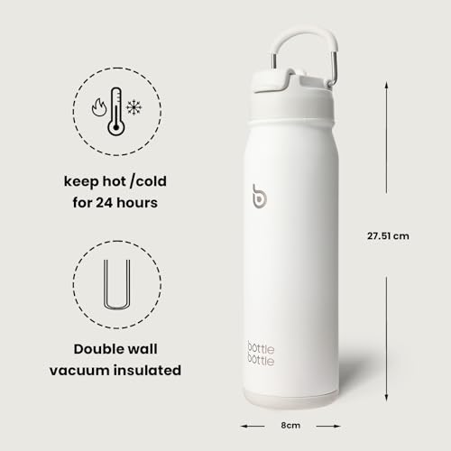 BOTTLE BOTTLE 700ml (24oz) Insulated Stainless Steel Water Bottle - Bike Water Bottle with Straw and Adjustable Lid, Daily Drink Flask & Pill Organizer (White) - Image 5