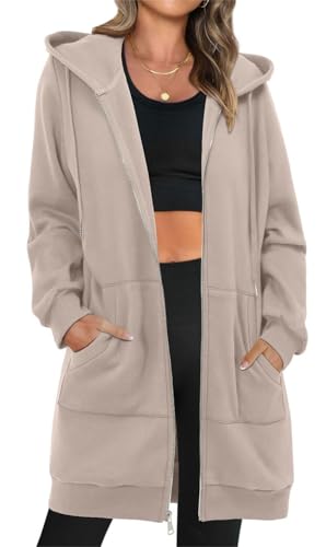 StunShow Women's Zip Up Hoodies Oversized Fleece Long Sleeve Sweatshirts Casual Fall Jacket Coat with Pocket Apricot L