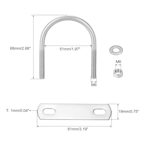 Image of uxcell Round U-Bolts, 6 Sets 50mm(1.97 inch) Inner Width 68mm Length M6 304 Stainless Steel U Clamp Bolt with Nuts and Plates, for Boat Trailer