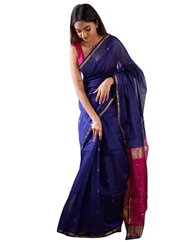Image of SGF11 Women's Kanjivaram Soft Cotton Linen Silk Saree With Blouse Piece (Blue Pink)