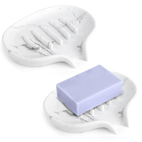 AUGFRYZIAN 2 Pcs Soap Dish with Drain- Self Draining Bar Soap Holder for Shower, Marble Look Soap Savers Soap Tray Sponge Holder for Kitchen, Bathroom, Bathtub Sink, White
