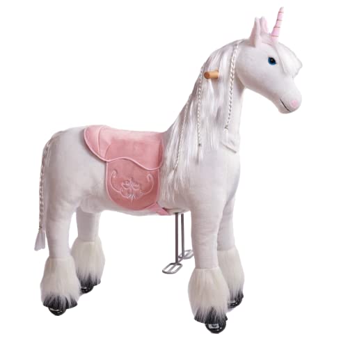Ponnie Reitpferd mit Rollen Unicorn M (5-12 Jahre), Spielpferd zum Reiten mit Abnehmbarer Rosa Sattel und Halfter mit Zaumzeug, Kämmbare Mähne und Schwanz, Plüschpferd zum Reiten für Kinder