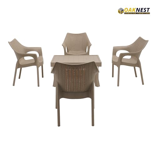 Image of Oaknest Supreme Cambridge with Vegas Plastic Outdoor Chair and Table Set | 4 Rattan Chairs + 1 Table | Weatherproof, Lightweight | Garden & Patio Use Dark Beige