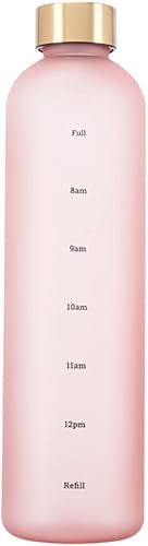 Botella de agua de plástico de 32 onzas, botella de agua delgada con marcador de tiempo, 1 litro de gran capacidad marcado con tiempo lindo botellas