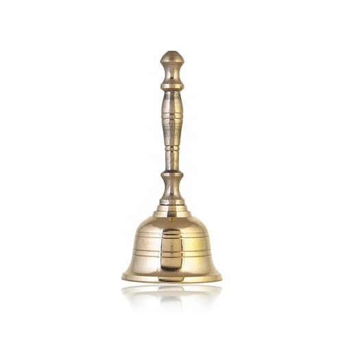 Craftvatika Brass Hand Bell for Pooja Ghanti for Mandir, Home and Office Temple Prayer Bell Ghanti for Decoration (1.6 x 3.8 inches, Golden)